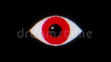 红色像素眼符号上的故障液晶显示屏显示背景动画无缝环.新品质万向关闭